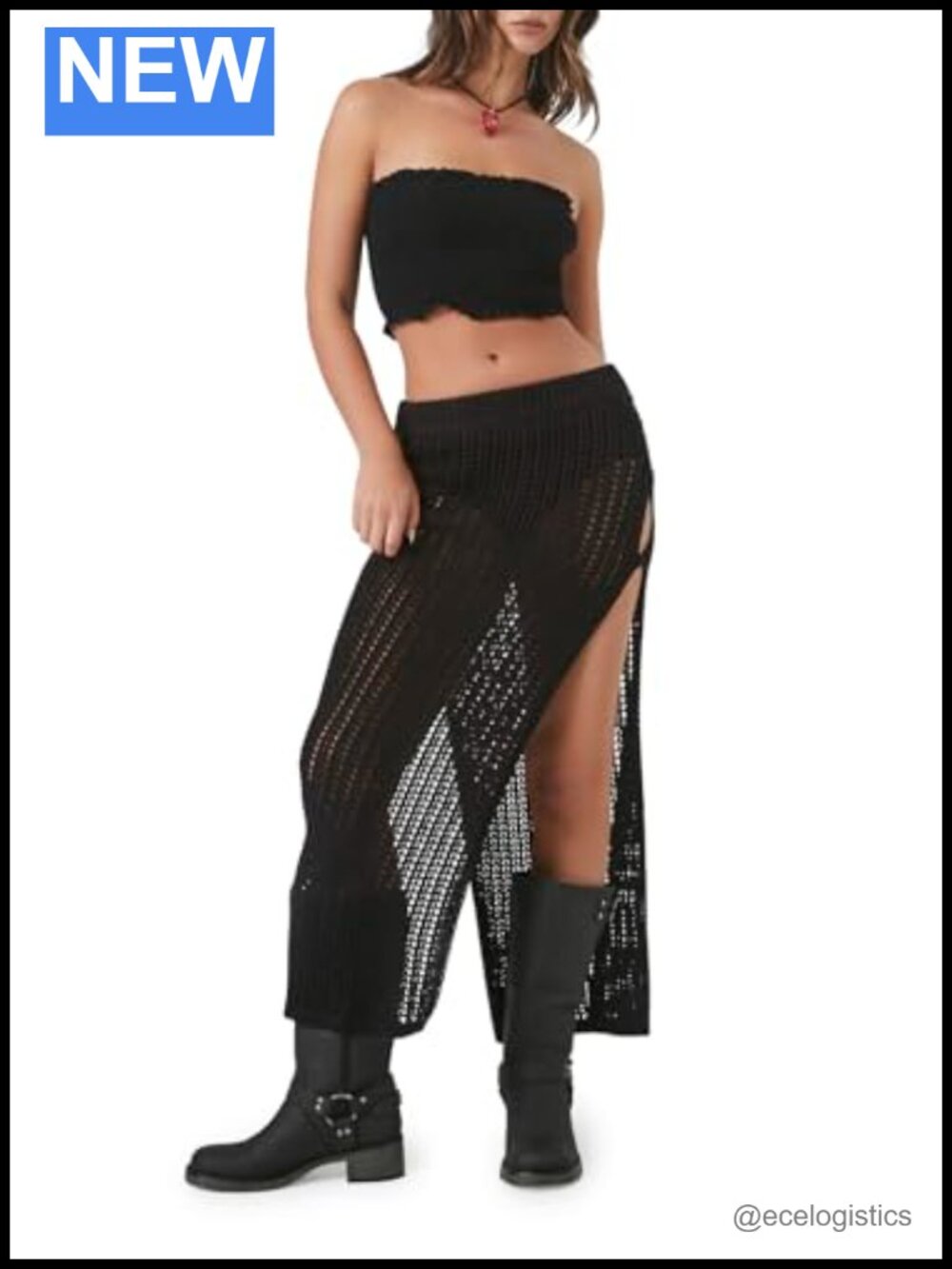 Cutout Crochet Maxi Skirt Sheer Slit Pull On Casual